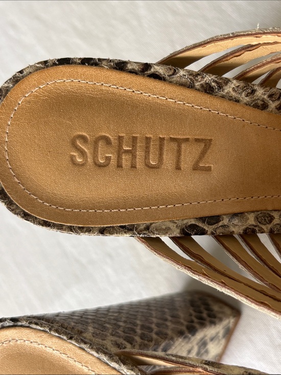 SCHUTZ Snakeskin Strappy Open-Toe Heels in Neutral Brown Laura animal print main image 6